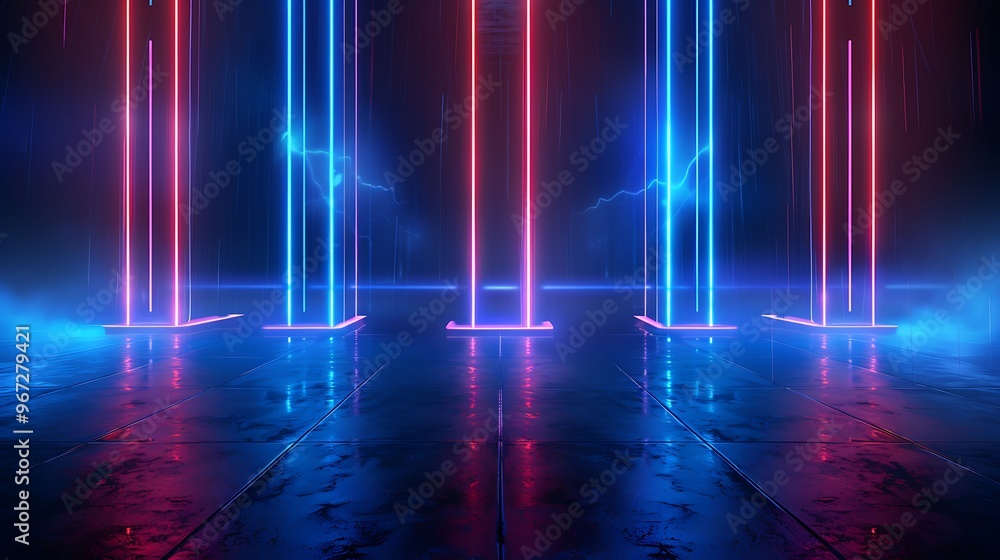 Vibrant neon lights illuminate a dark space, creating a futuristic atmosphere with glowing reflections and misty ambiance. Stage for product presentation. Vibrant neon lights illuminate a dark space, creating a futuristic atmosphere with glowing reflections and misty ambiance. Stage for product presentation.