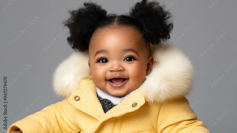 A smiling baby wearing a yellow coat with a white hood. The baby has a cute hairstyle and is wearing a tie A smiling baby wearing a yellow coat with a white hood. The baby has a cute hairstyle and is wearing a tie