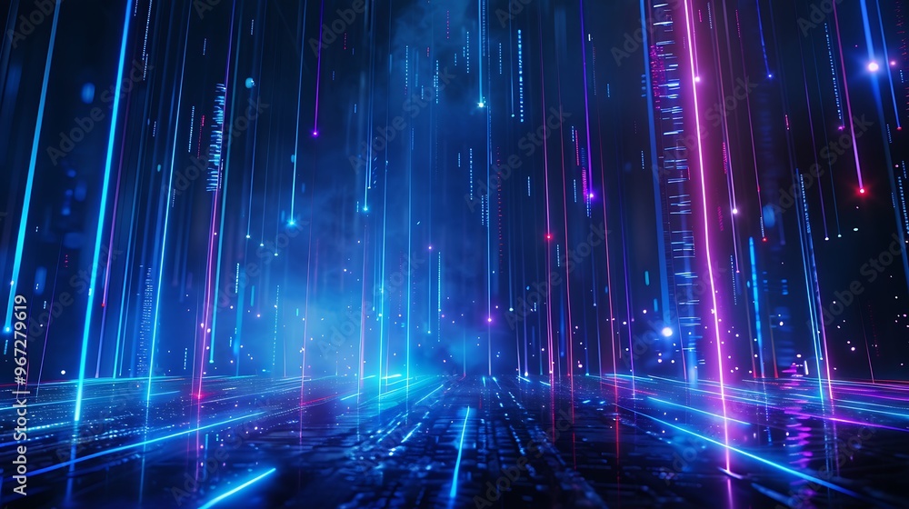 Vibrant neon lights illuminate a futuristic scene, creating a mesmerizing landscape of colors and reflections. Stage for product presentation. Vibrant neon lights illuminate a futuristic scene, creating a mesmerizing landscape of colors and reflections. Stage for product presentation.
