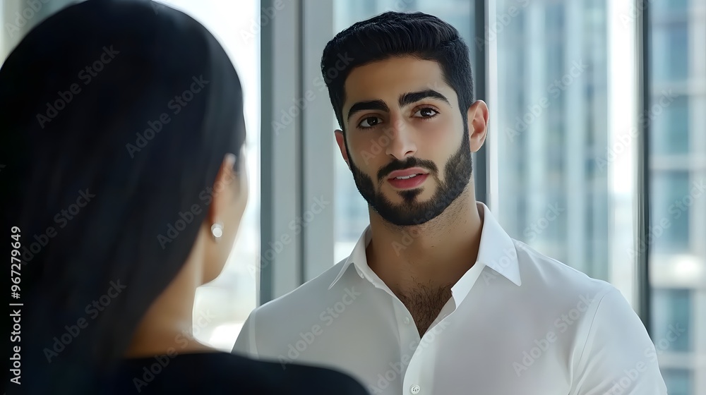 Young Man in Office Meeting, Attractive Candidate in Interview Scene with Eye Contact Young Man in Office Meeting, Attractive Candidate in Interview Scene with Eye Contact