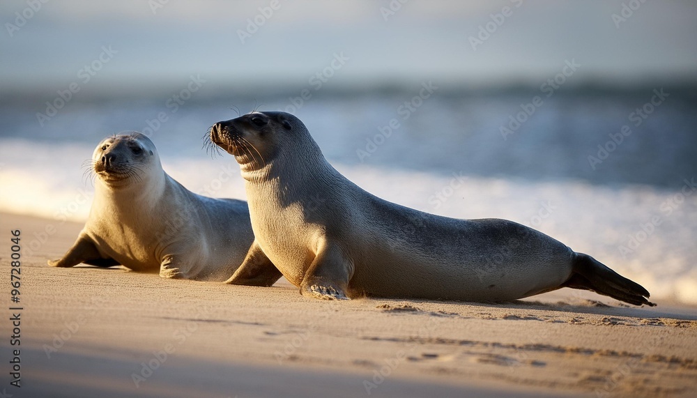 Fototapeta premium Playful seal pair sliding down a sandy beach