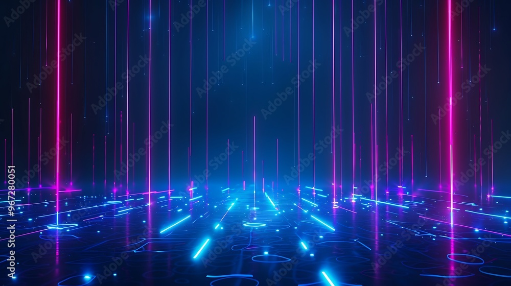 Vibrant neon lines create a futuristic digital landscape, evoking a sense of advanced technology and innovation in a virtual space. Stage for product presentation. Vibrant neon lines create a futuristic digital landscape, evoking a sense of advanced technology and innovation in a virtual space. Stage for product presentation.