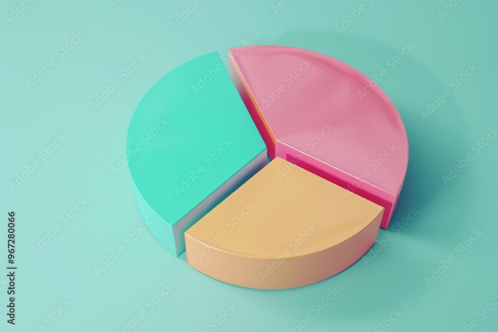 A minimalist 3D pie chart with soft pastel colors on a calming aqua background, depicting a clear and organized data breakdown. A minimalist 3D pie chart with soft pastel colors on a calming aqua background, depicting a clear and organized data breakdown.