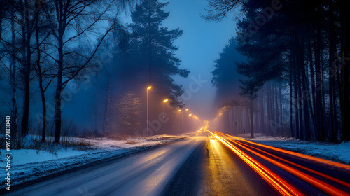 blue car lights at night. long exposure, Car light trails in the tunnel ,Long exposure photo taken in a forest, Night road lights, Lights of moving cars at night 