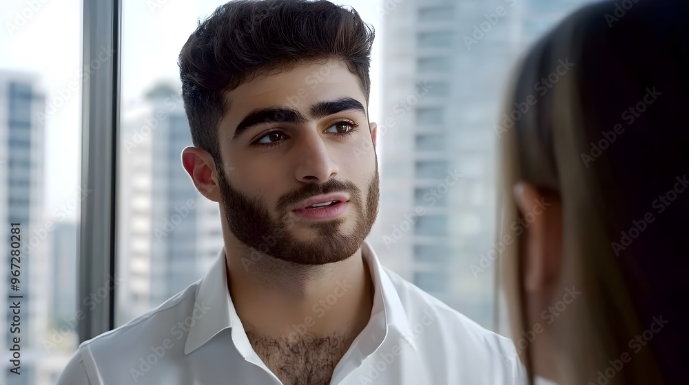 Young Man in Office Meeting, Attractive Candidate in Interview Scene with Eye Contact Young Man in Office Meeting, Attractive Candidate in Interview Scene with Eye Contact