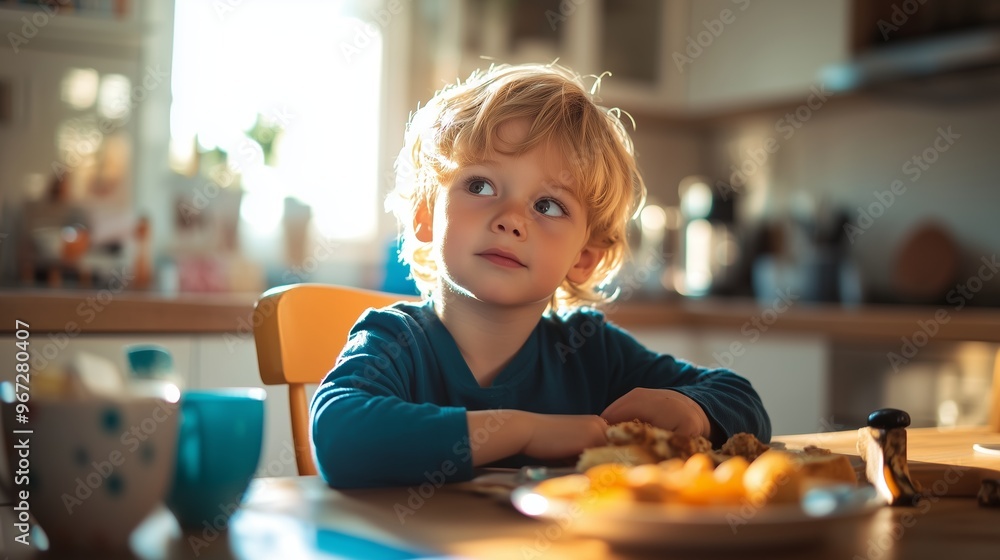 Young child enjoying breakfast at a sunlit kitchen table surrounded by food and a cozy atmosphere in the morning Young child enjoying breakfast at a sunlit kitchen table surrounded by food and a cozy atmosphere in the morning