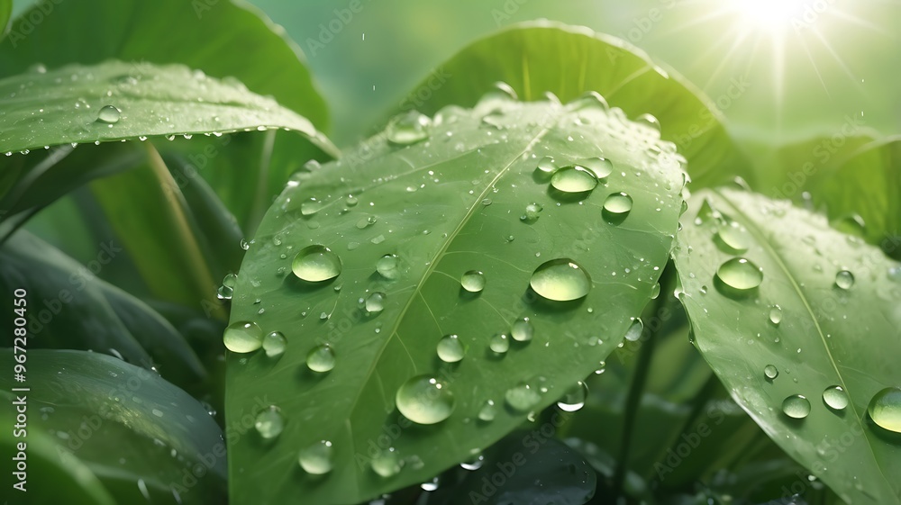 Obraz premium Emerald Dewdrops: Lush green leaves glisten with fresh raindrops, bathed in the warm glow of morning sunlight. 