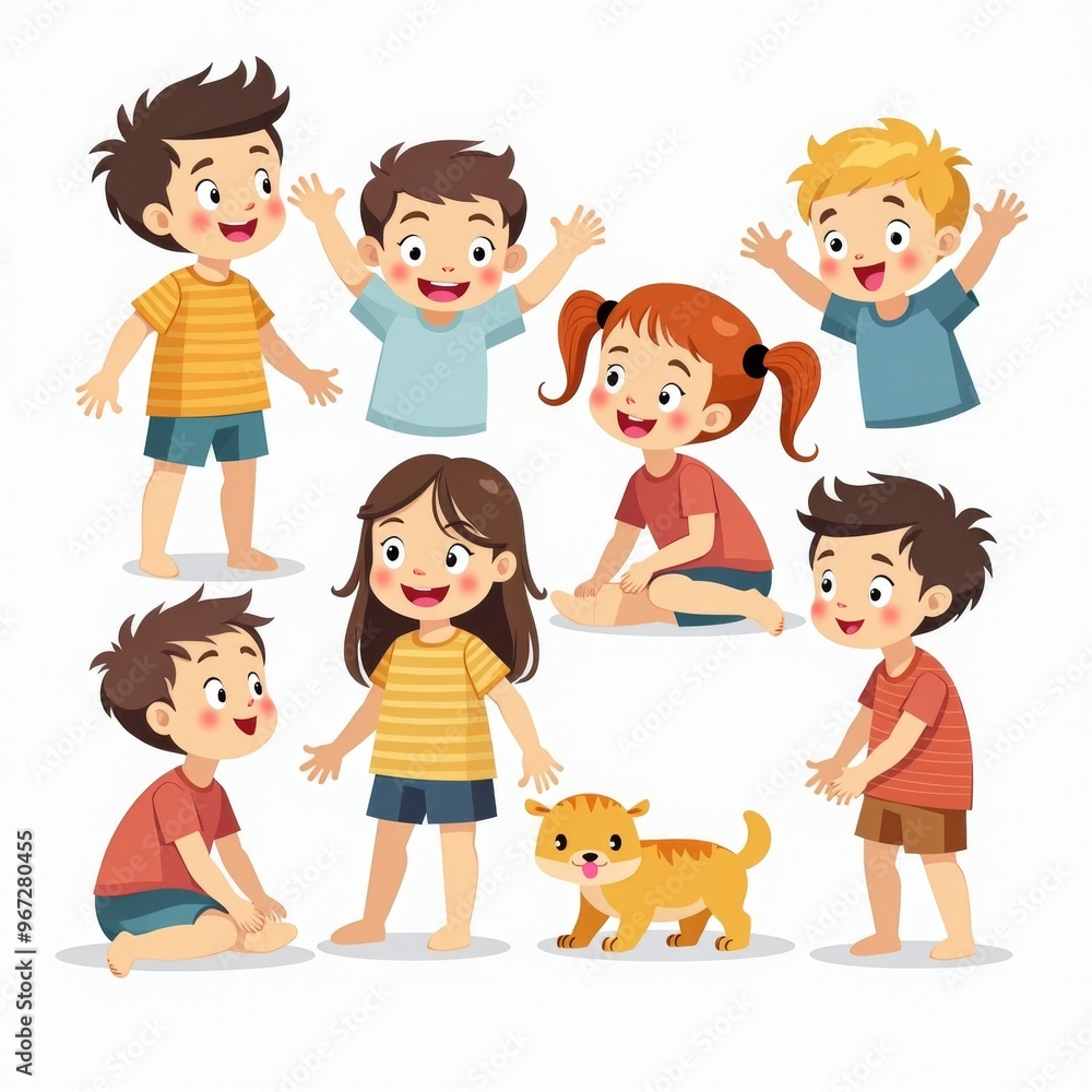 Happy Children Playing with a Cute Kitten - Colorful Cartoon Illustration Happy Children Playing with a Cute Kitten - Colorful Cartoon Illustration