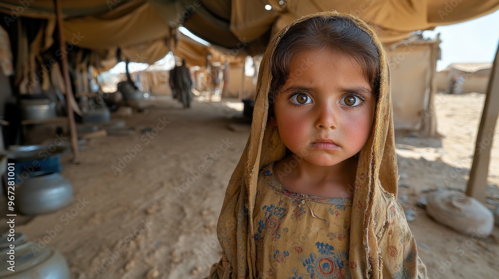 Fototapeta premium A young girl wearing a long dress and a scarf is standing in a dirt field. She looks sad and tired