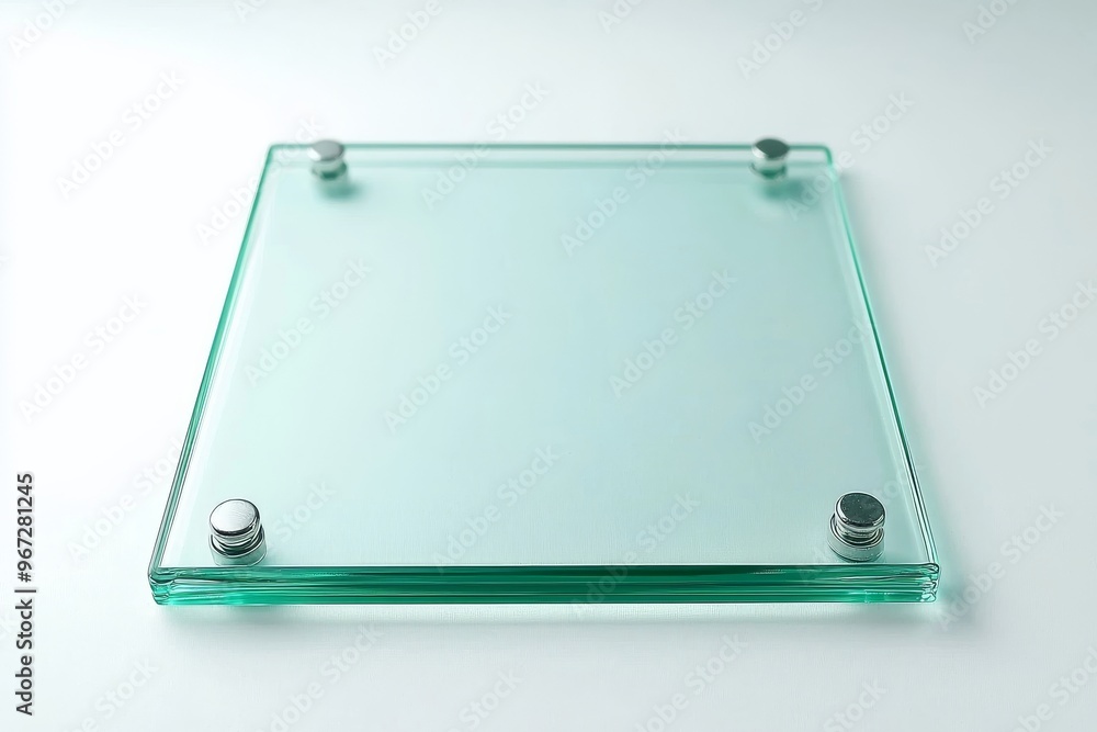 A blank rhombus glass sign plate wall-mounted mockup with a glossy nameplate holder attached to a white wall. This mockup is 3D rendered with the glass sign plate blank. A blank rhombus glass sign plate wall-mounted mockup with a glossy nameplate holder attached to a white wall. This mockup is 3D rendered with the glass sign plate blank.