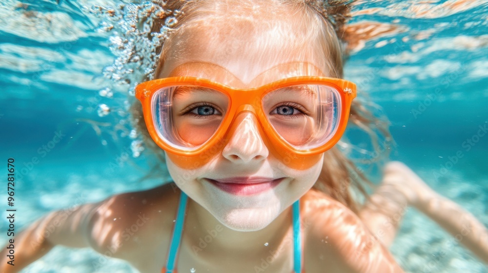 Naklejka premium A young girl wearing orange goggles is smiling while swimming in the ocean. Concept of joy and excitement as the girl enjoys her time in the water
