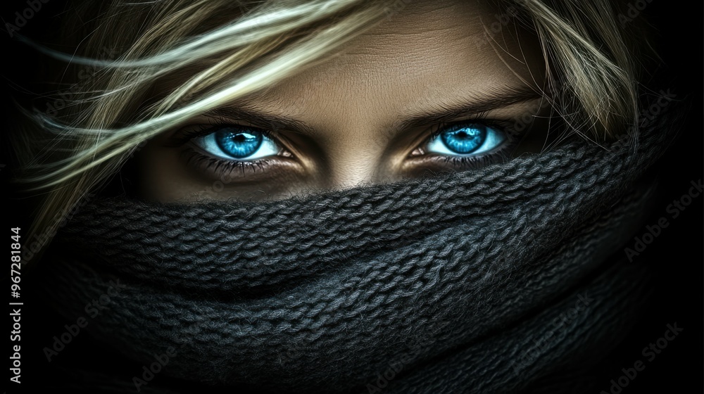 A woman with blue eyes is wearing a black scarf. The scarf covers her face, making it difficult to see her eyes. The image has a mysterious and intriguing mood A woman with blue eyes is wearing a black scarf. The scarf covers her face, making it difficult to see her eyes. The image has a mysterious and intriguing mood