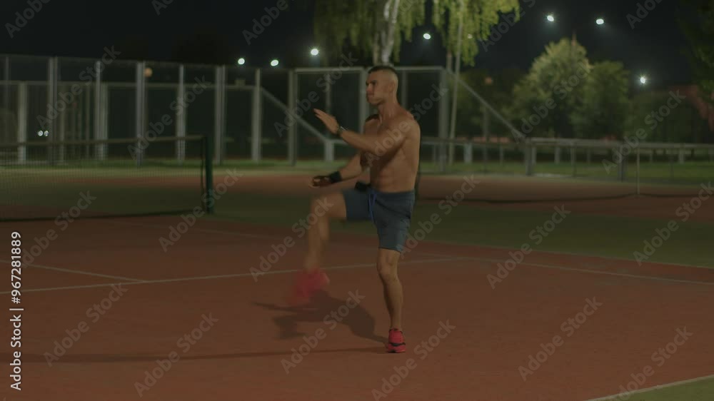 Young muscular man in shorts training late at night on outdoor sports field and does squats and leg swings. Effective exercise engages abdominal muscles and quadriceps, thigh and calf muscles Young muscular man in shorts training late at night on outdoor sports field and does squats and leg swings. Effective exercise engages abdominal muscles and quadriceps, thigh and calf muscles