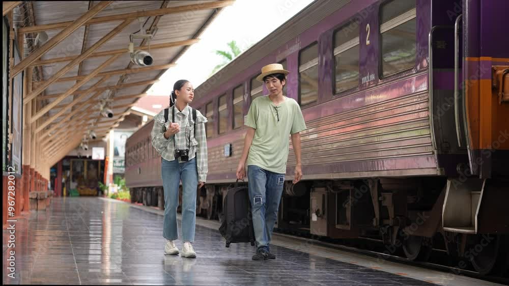 Two male and female tourists prepare to travel by train in tourism. 4K slow motion video. Two male and female tourists prepare to travel by train in tourism. 4K slow motion video.