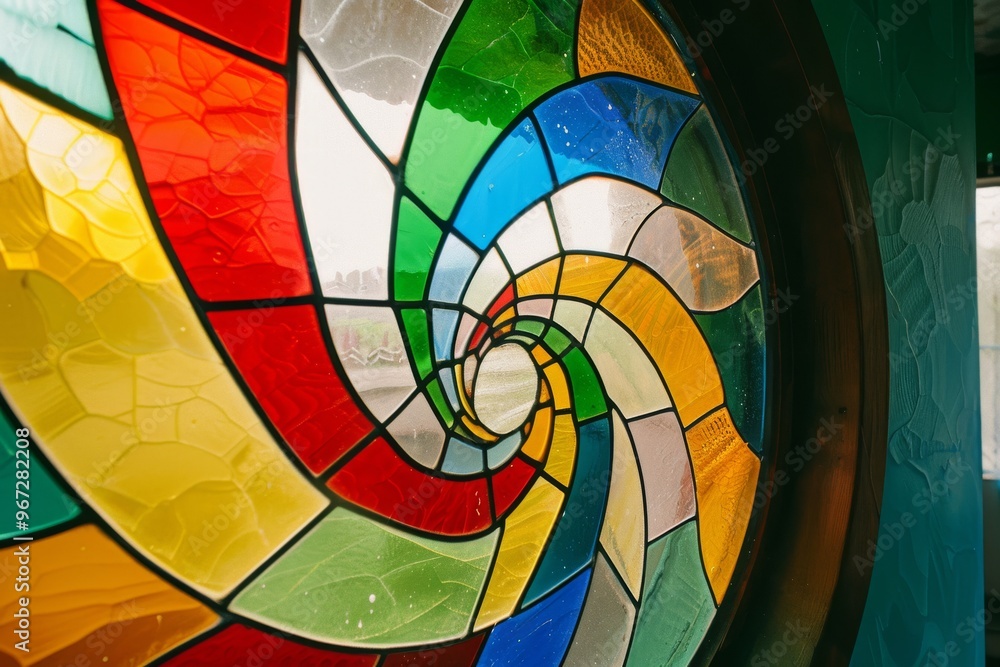 Fototapeta premium A close-up of a colorful stained glass window with intricate patterns and a spiral design, radiating light and artistic beauty.