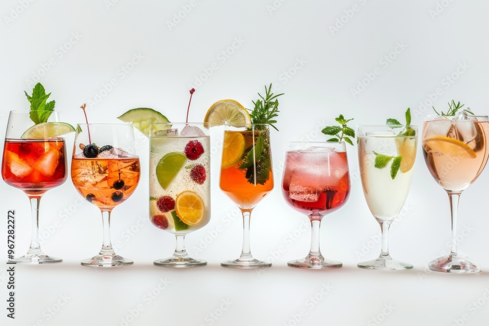 A colorful array of cocktails in different glasses, adorned with fresh fruits and herbs, set against a bright, inviting background. A colorful array of cocktails in different glasses, adorned with fresh fruits and herbs, set against a bright, inviting background.
