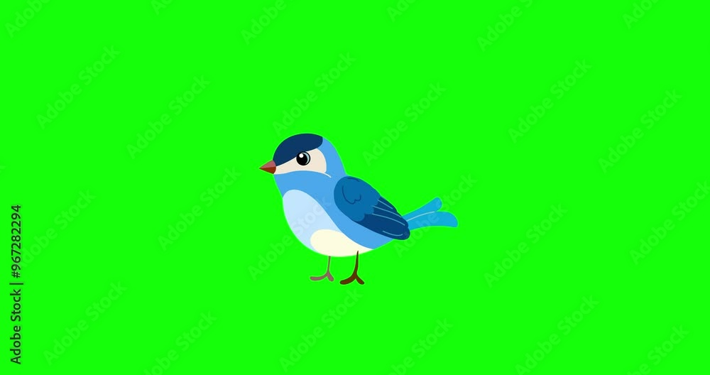 Blue passerine bird cartoon animation character landing green screen. Seamless loop greenbox behaviour animal part of a serie moves. 4K video film movie for any landscape background. Blue passerine bird cartoon animation character landing green screen. Seamless loop greenbox behaviour animal part of a serie moves. 4K video film movie for any landscape background.