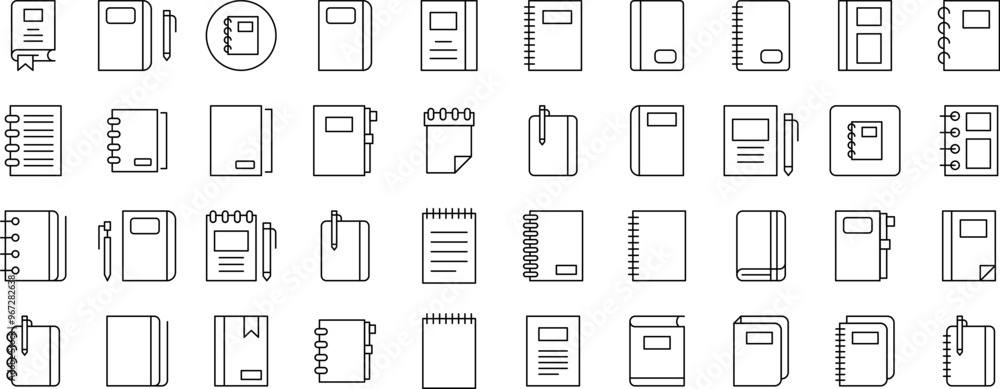 Notebook Collection of Thin Icons. Editable Stroke. Suitable for Web Sites, Books, Cards, Apps Notebook Collection of Thin Icons. Editable Stroke. Suitable for Web Sites, Books, Cards, Apps