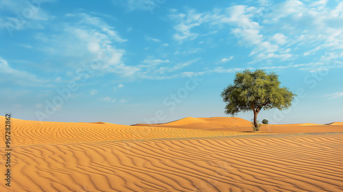 a vast desert landscape, rippling sand dunes, lone tree