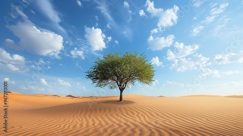 a vast desert landscape, rippling sand dunes, lone tree