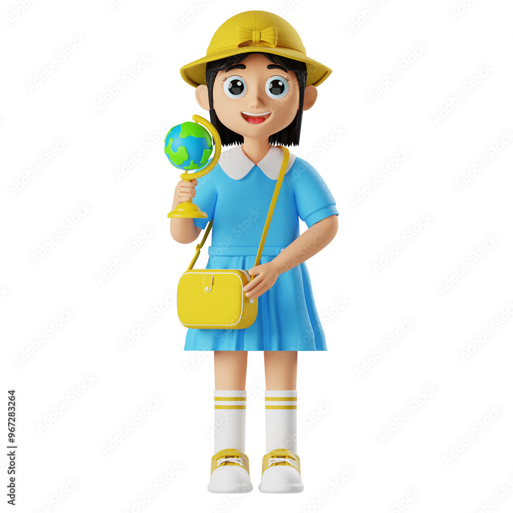 3D Character Girl Kindergarten Holding a Globe 3D Character Girl Kindergarten Holding a Globe