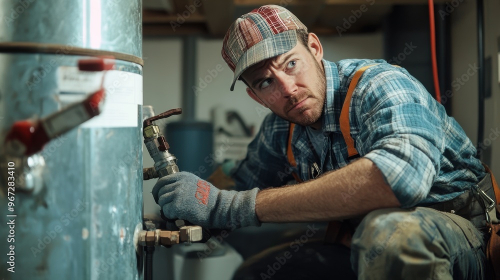A skilled plumber fixing a water heater, showcasing attention to detail and expertise in home repair services. A skilled plumber fixing a water heater, showcasing attention to detail and expertise in home repair services.