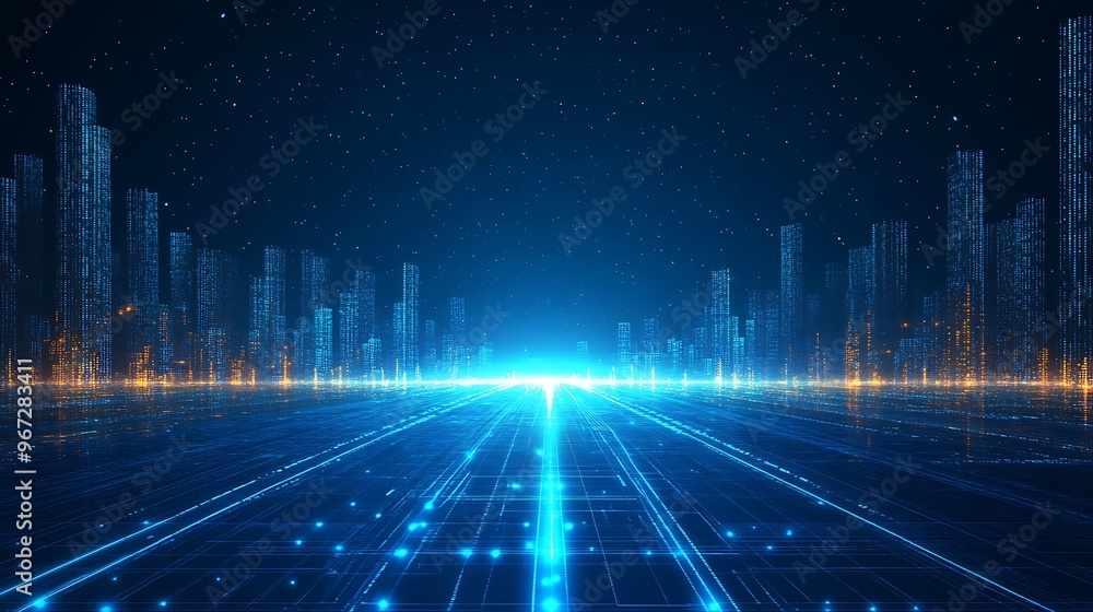 A futuristic cityscape with glowing lines and digital elements, depicting advanced technology and innovation in a modern world. A futuristic cityscape with glowing lines and digital elements, depicting advanced technology and innovation in a modern world.