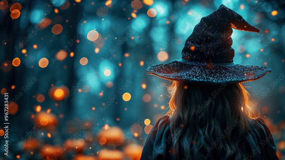 rear view of a lady in black witch hat halloween day with bokeh and ...