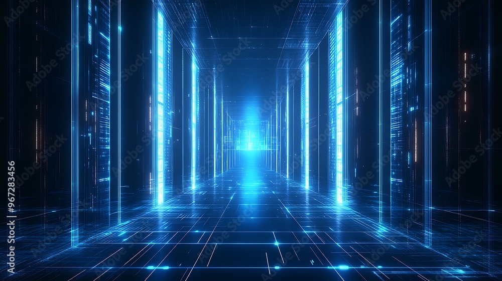 A futuristic corridor illuminated with glowing blue lights, showcasing advanced technology and a digital atmosphere. A futuristic corridor illuminated with glowing blue lights, showcasing advanced technology and a digital atmosphere.
