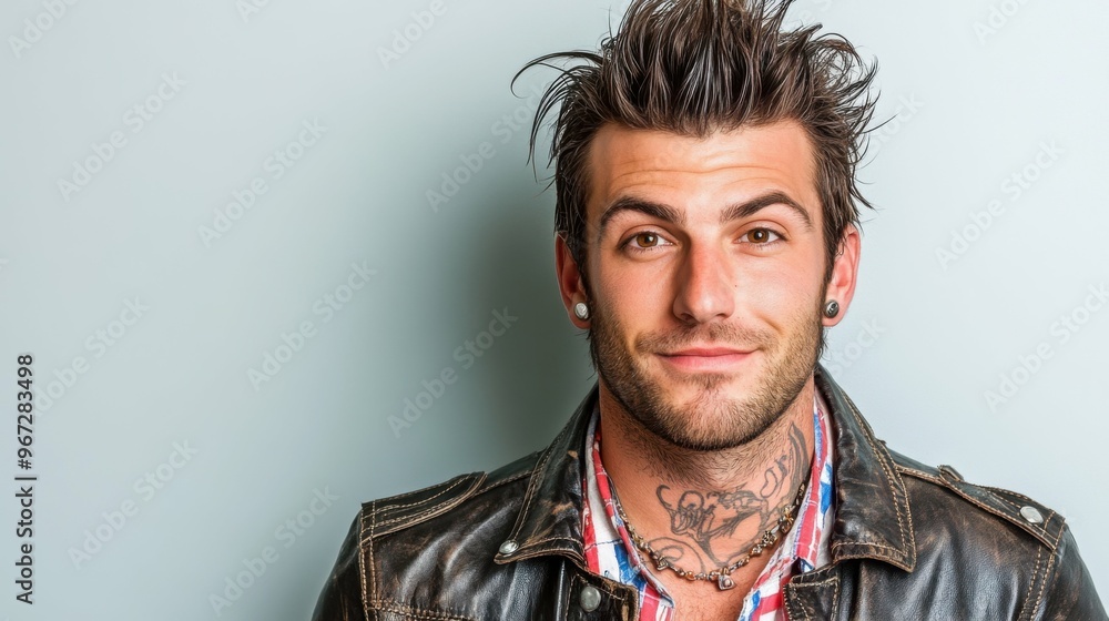 A man with a tattoo on his neck and a beard is smiling for the camera. He is wearing a leather jacket and a red, white, and blue striped shirt A man with a tattoo on his neck and a beard is smiling for the camera. He is wearing a leather jacket and a red, white, and blue striped shirt