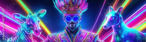 Colorful circus ringmaster in a glowing, ornate outfit, commanding a show of holographic animals under neon lights, fantasy, whimsical details