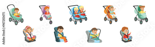 Little Baby Kid Sit in Carriage or Pram and Car Seat Vector Set
