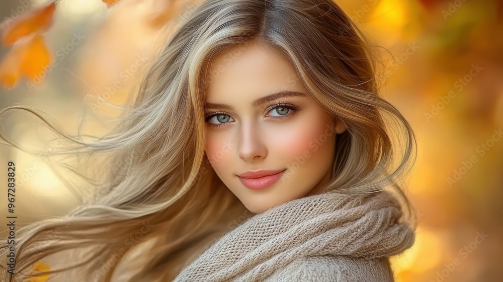 Naklejka premium A woman with long blonde hair and blue eyes is wearing a white sweater and smiling. The image has a warm and friendly mood, with the woman's smile and the cozy sweater creating a sense of comfort