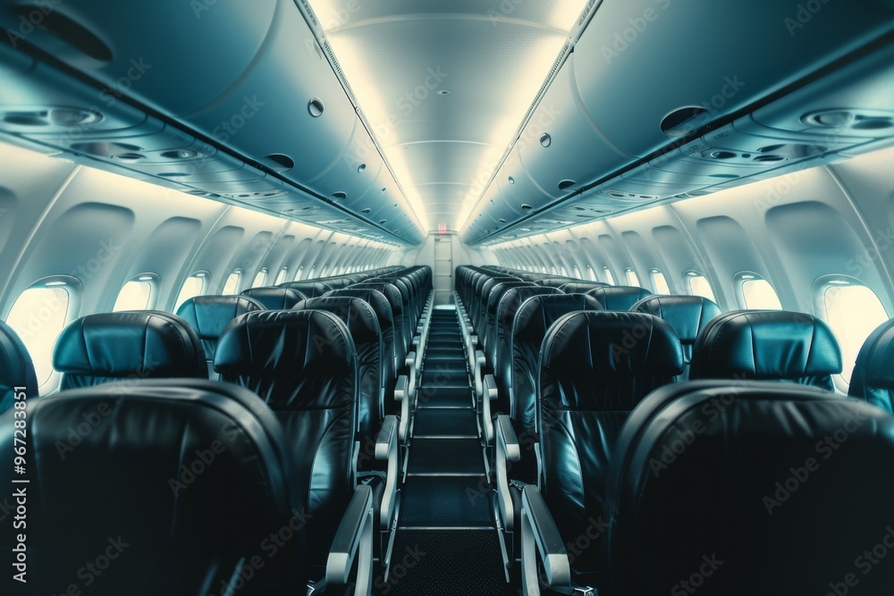 An empty airplane cabin with rows of dark seats, bathed in a cool, modern blueish light. An empty airplane cabin with rows of dark seats, bathed in a cool, modern blueish light.