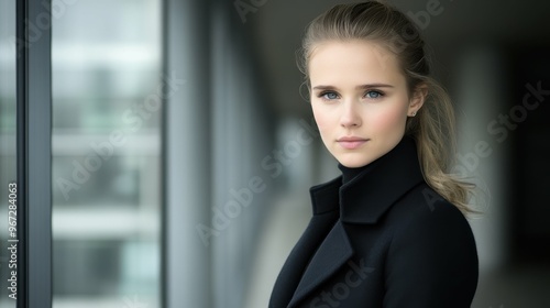 A woman in a black coat stands in front of a window. She has a serious expression on her face