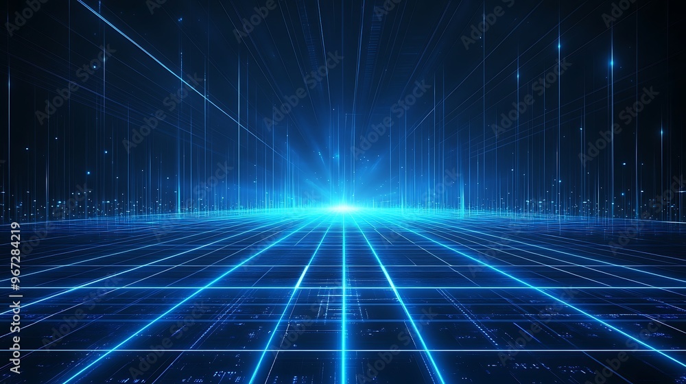 A futuristic digital landscape with glowing blue lines and a radiant center, perfect for technology and abstract themes. A futuristic digital landscape with glowing blue lines and a radiant center, perfect for technology and abstract themes.