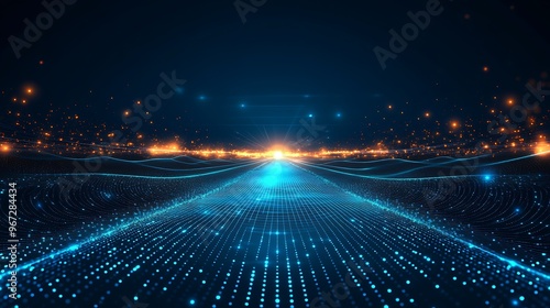 A futuristic digital landscape with glowing lights and vibrant colors, perfect for technology and innovation themes.