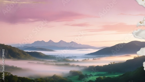 Wallpaper Mural Soft watercolor of distant mountains at dawn, with mist hanging over the valley. The sky in soft pink and purple hues adds to the tranquil, serene atmosphere. Torontodigital.ca