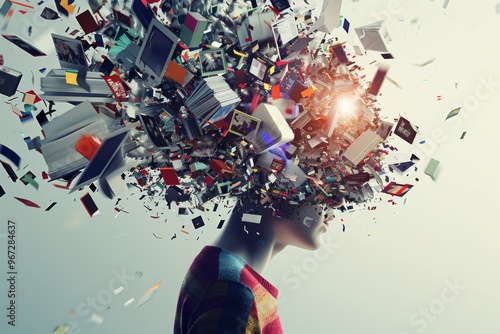 Surreal art featuring an individual’s head exploding into a cascade of digital and physical objects, illustrating concepts of creativity and mental explosion.
