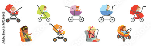 Little Baby Kid Sit in Carriage or Pram and Car Seat Vector Set