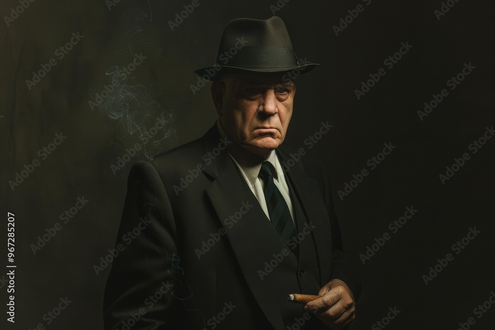 A stern man in a suit and fedora, with a smoking cigar, stands against a dark, smoky backdrop, evoking a classic noir film atmosphere. A stern man in a suit and fedora, with a smoking cigar, stands against a dark, smoky backdrop, evoking a classic noir film atmosphere.