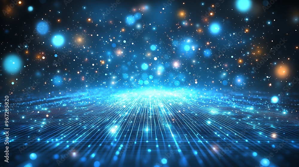 Fototapeta premium A mesmerizing array of glowing particles and light beams creating a captivating digital landscape in vibrant blue tones.