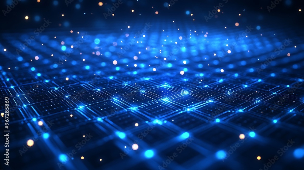 Obraz premium A mesmerizing blue abstract background featuring glowing dots and a grid pattern, ideal for tech and digital themes.