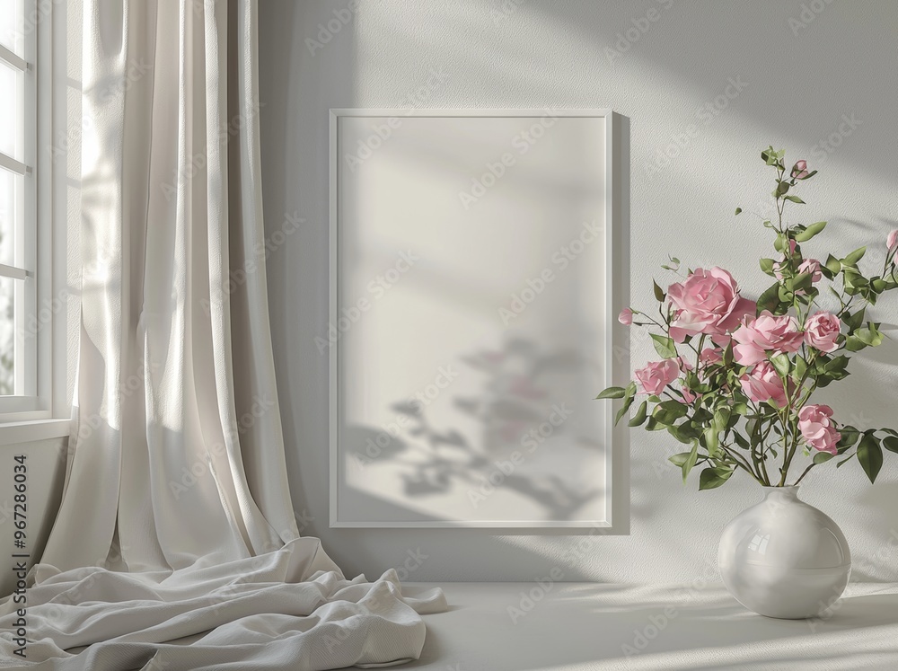 Decorative poster mockup with flowers on gray wall, 3D render, 3D illustration Decorative poster mockup with flowers on gray wall, 3D render, 3D illustration