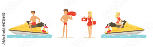Beach Rescue Man and Woman Character Performing Duties Vector Set