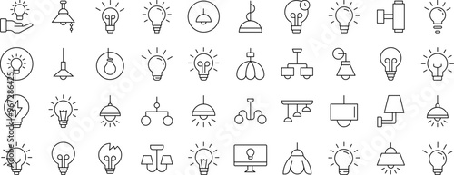 Light Bulbs, Lamps, Chandeliers Bundle of Thin Icons. Editable Stroke. Suitable for Web Sites, Books, Cards, Apps