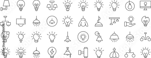 Light Bulbs, Lamps, Chandeliers Simple Isolated Line Icons Collection. Editable Stroke. Suitable for Web Sites, Books, Cards, Apps