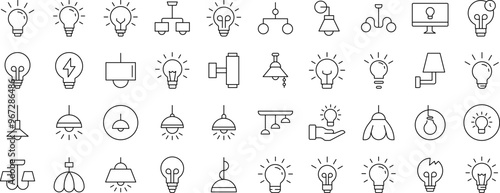 Light Bulbs, Lamps, Chandeliers Icon Set for UI, Placards, Books, Apps. Editable Stroke. Suitable for Web Sites, Books, Cards, Apps