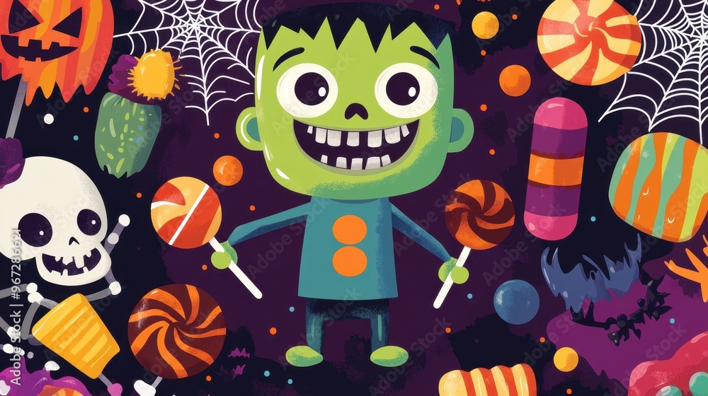 A cheerful monster with green skin joyfully holds two lollipops surrounded by Halloween treats and decorations in a vibrant backdrop A cheerful monster with green skin joyfully holds two lollipops surrounded by Halloween treats and decorations in a vibrant backdrop