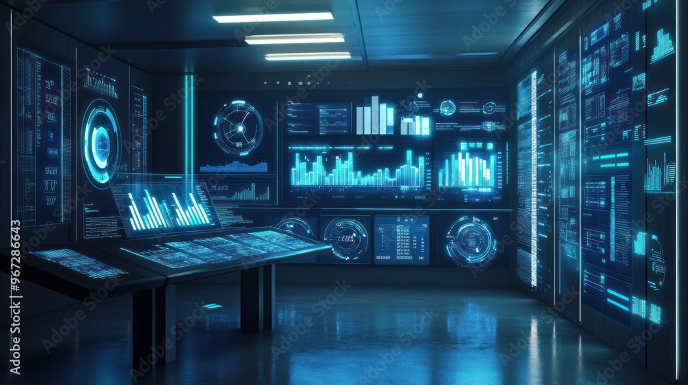 Futuristic Control Room with Digital Displays Futuristic Control Room with Digital Displays